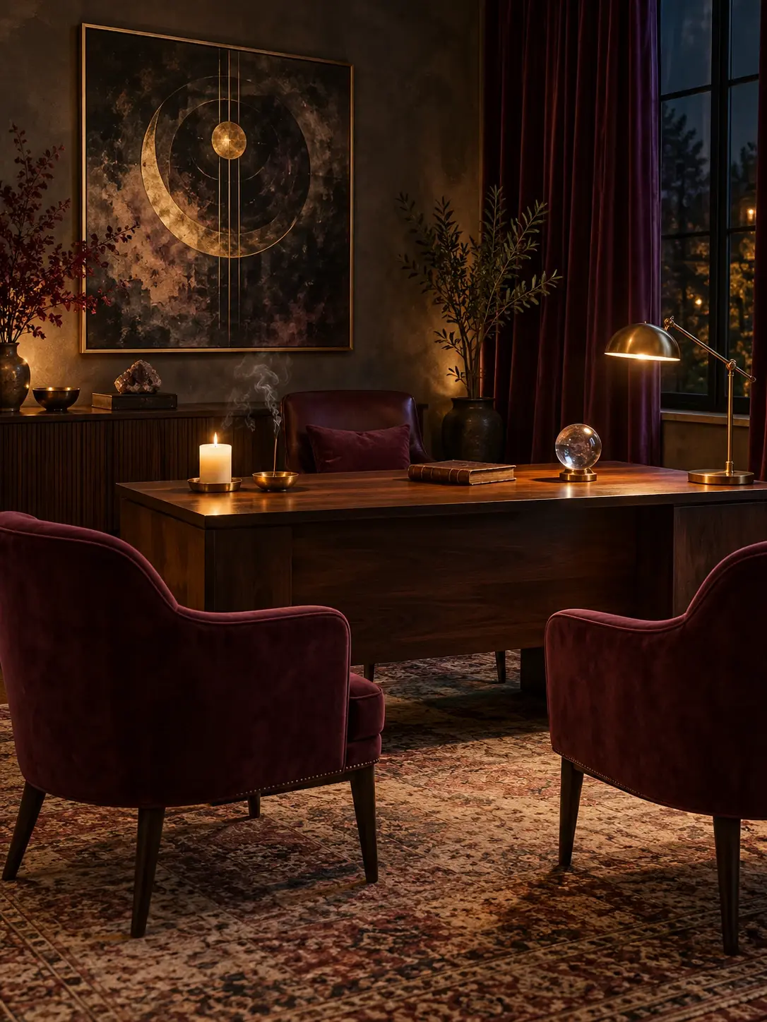 Bureau de consultation : bois sombre, fauteuils de velours, bougie et encens — illustration.