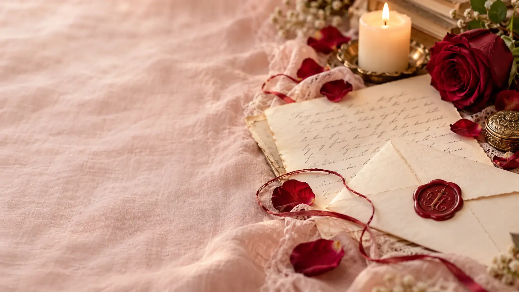 Lettre d'amour scellée de cire rouge, roses et bougie sur un linge rosé.