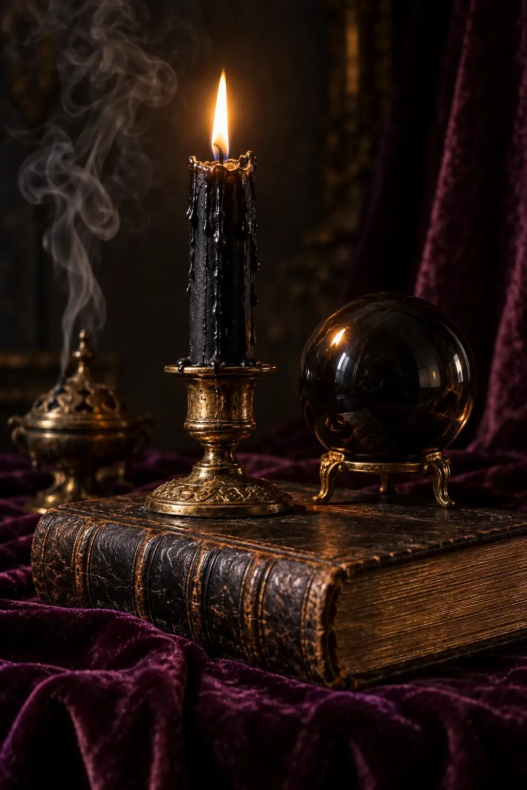 Bougie noire, grimoire ancien et boule d'obsidienne en clair-obscur — illustration.