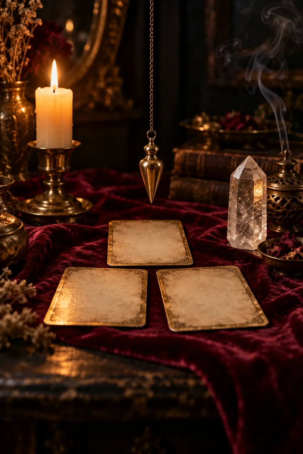 Pendule de laiton au-dessus de trois cartes anciennes, cristal de quartz et bougie sur velours bordeaux — illustration.
